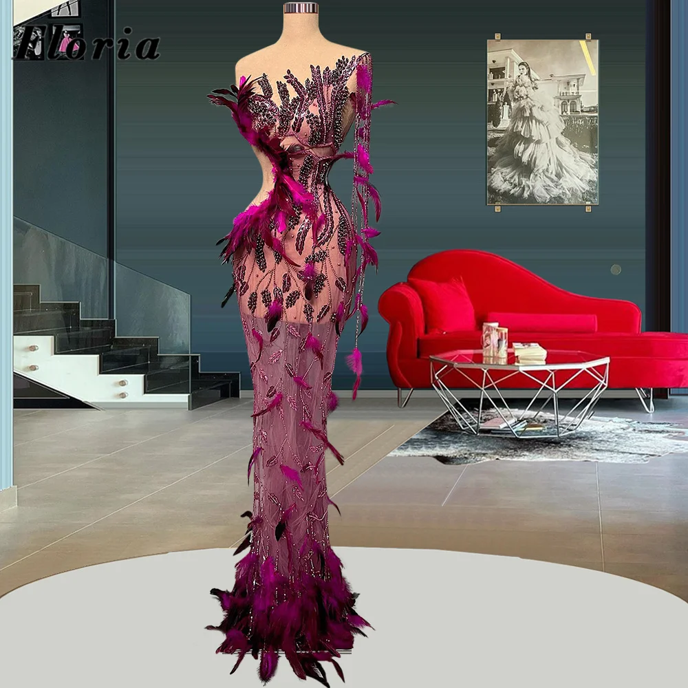 

Floria Full Beading Feathers Prom Dresses Newest Dubai Tassel Illusion Party Dress For Weddings Couture Long Evening Dress Robe