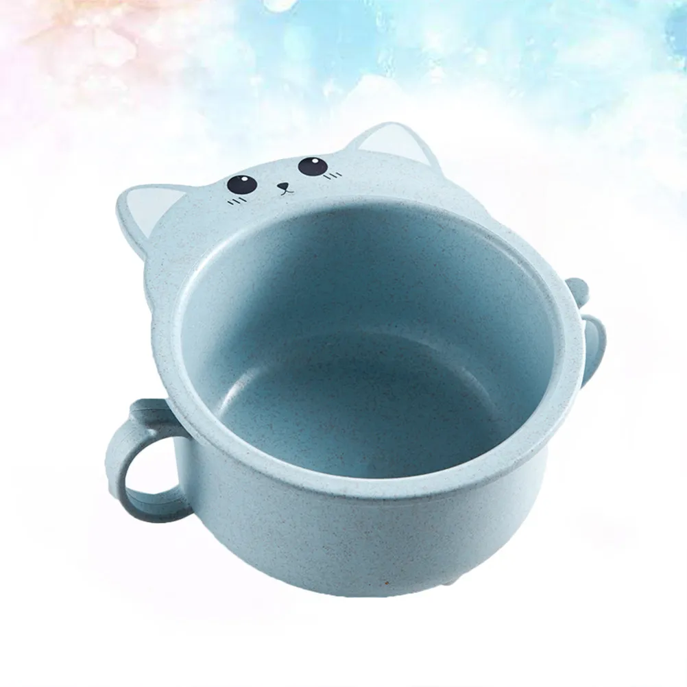 Cat Design Small Blue Wheat Straw Bowl Handle Eco Friendly Children Dinnerware Noodle Soup Cereal Bowl Safe Biodegradable