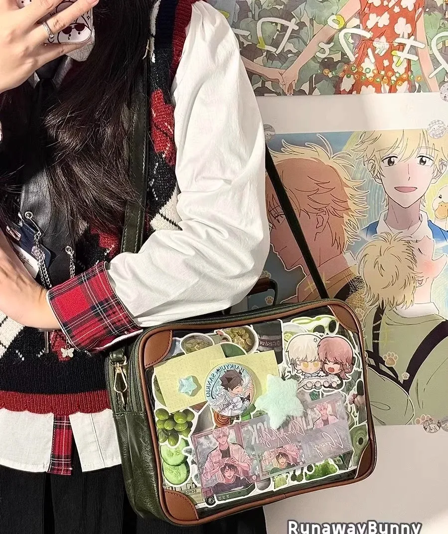 Harajuku خمر الصلبة Ita حقيبة المرأة واسعة متعددة جيب متعددة الوظائف حقيبة كروسبودي السيدات بولي Leather الجلود حقيبة يد مربعة Y2k