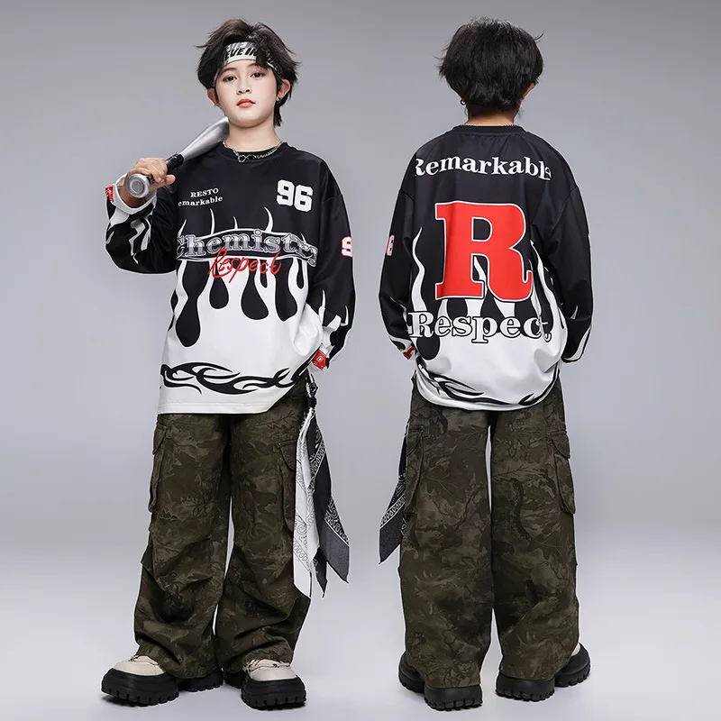 Kid Cool Hip Hop Clothing Black White Flame T Shirt Camouflage Casual Wide Cargo Pants for Girl Boy Jazz Dance Costumes Clothes