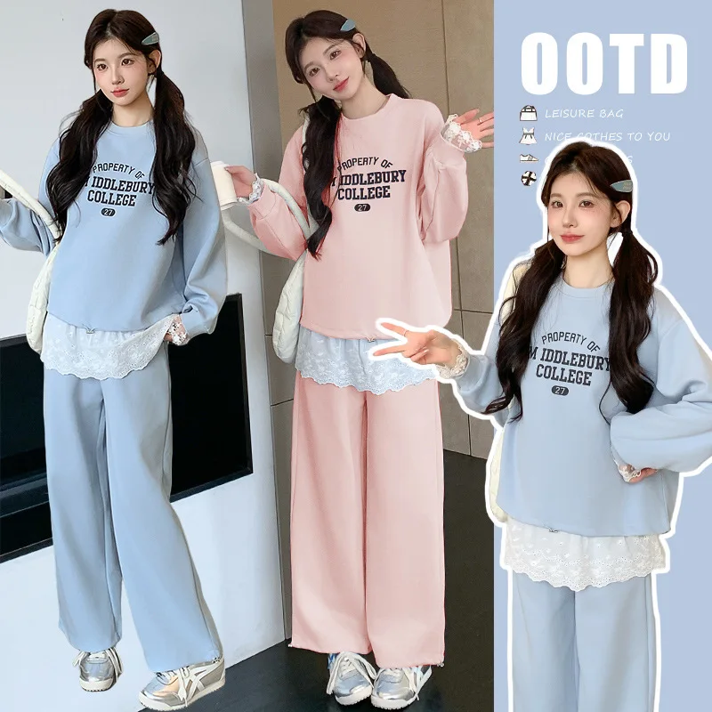 

Комплект для беременных, осенний новый корейский стиль, повседневный возрастной свободный лоскутный кружевной свитшот с принтом и брюки, комплект из двух предметов