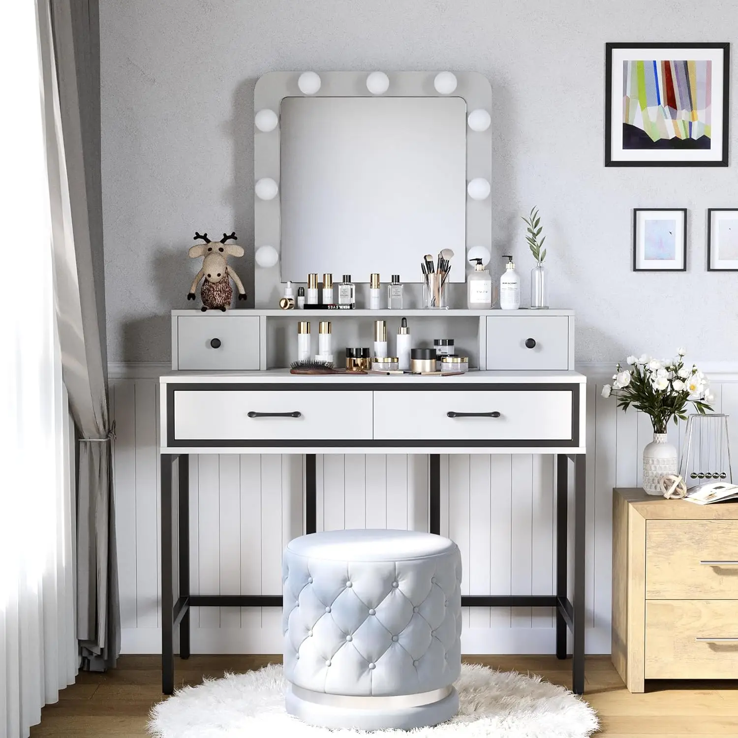 Makeup Vanity Table W/ 3 Color Dimmable Lighted Hollywood Mirror,Vanity Desk W/ 4 Drawers, Dressing Table for Women Girls, White