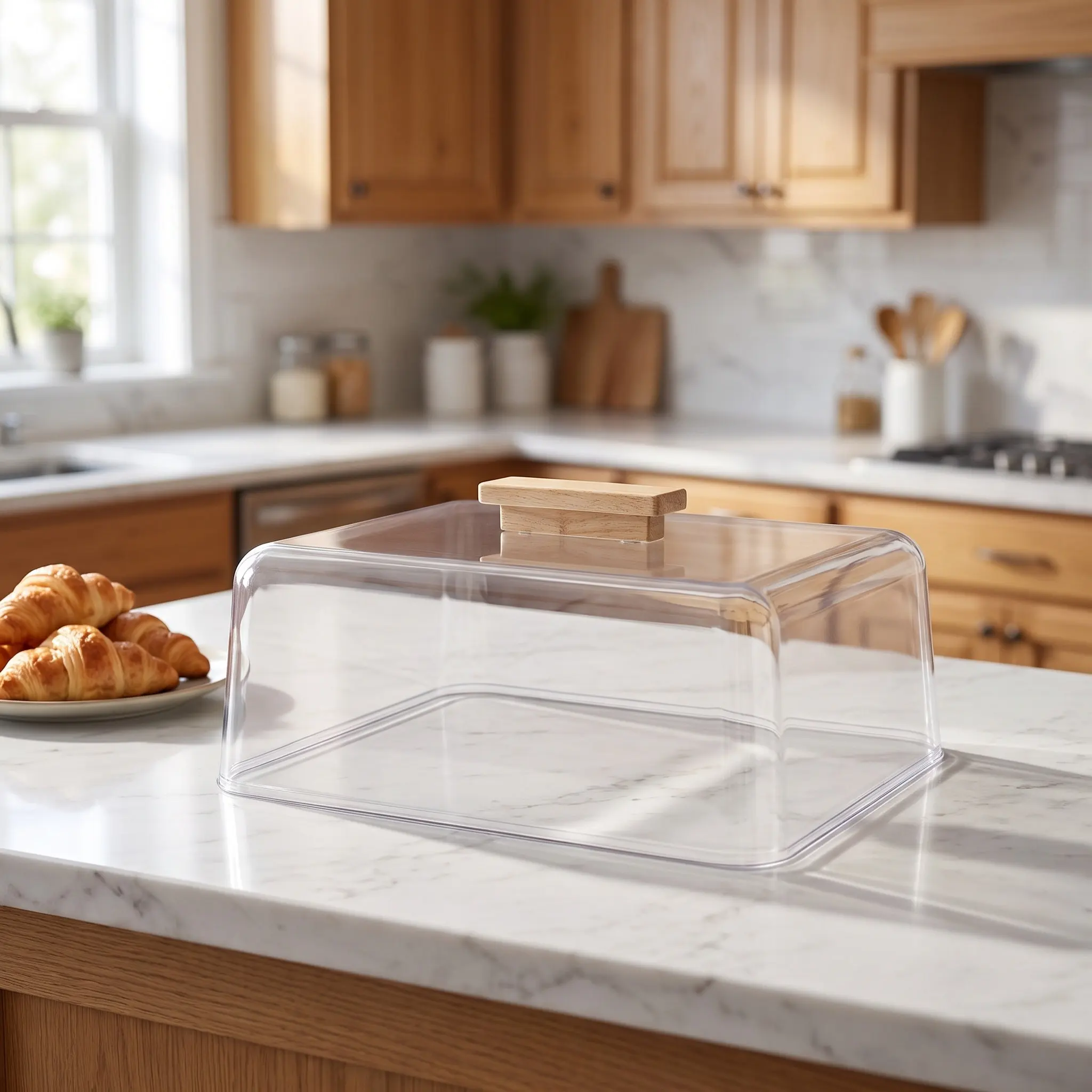 Acrylic Rectangular Cake Dome Lid Clear Food Cover Dust Proof Lightweight Portable Cake Protector Dome Wood Handle for Kitchen