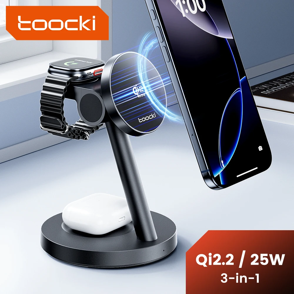 Carregador Sem Fio Magnético Toocki 3 em 1 25W Qi2.2 com Carregamento Rápido e Suporte de Mesa para iPhone 15 16 17, Apple Watch e Fones de Ouvido