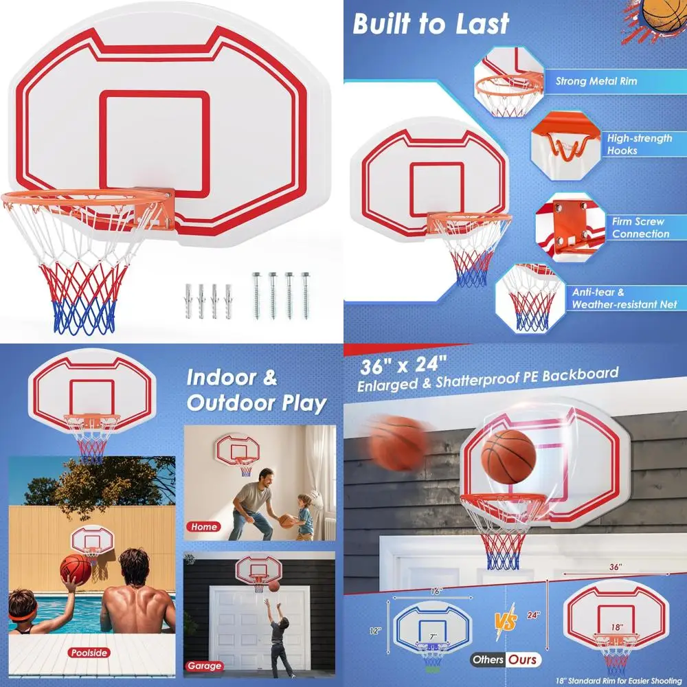 Canestro da basket per interni ed esterni con tabellone infrangibile 36 x 24, 18 cerchi e rete antistrappo per montaggio a parete di grandi dimensioni