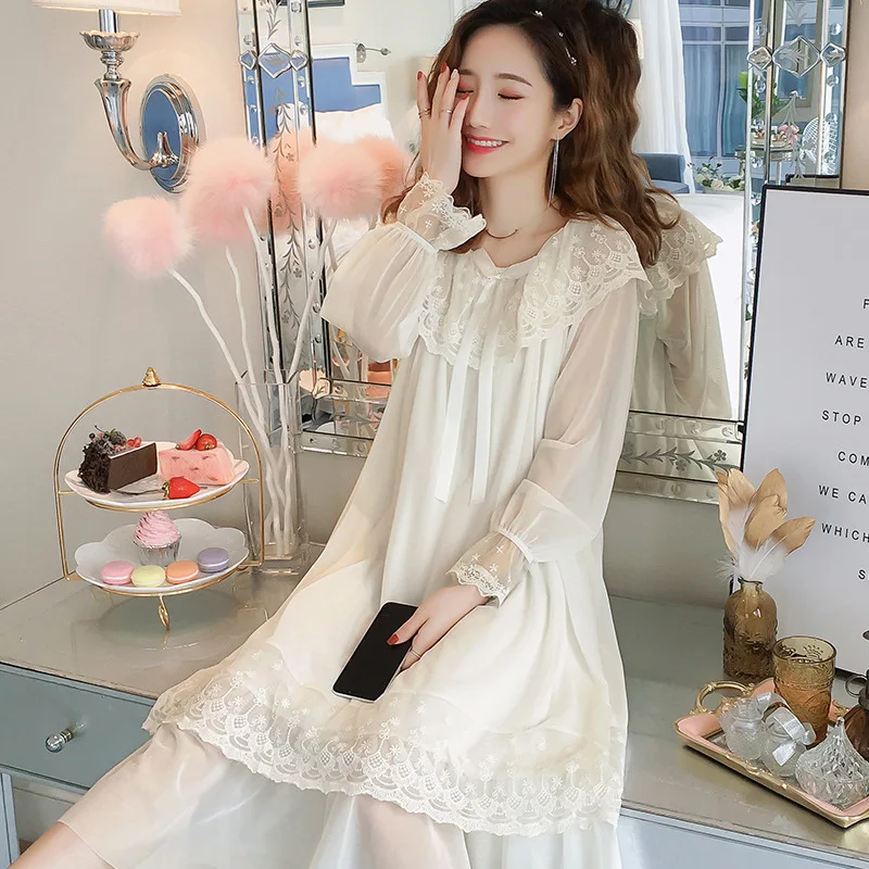 

Long Sleeve Lace Style Sleep Dress Women Thin Fairy Cotton Spring Autumn Princess Length Midi Fashion Trim Sleepwear D...