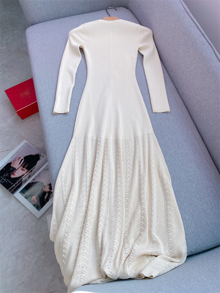 Dress for women Beige ribbed round neck long sleeved metal buckle elastic slim fit knitted\