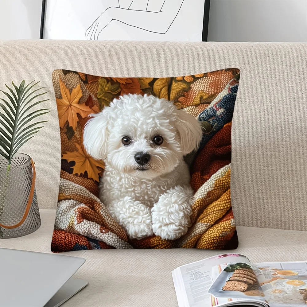 1pc Bichon Frise with Maple Leaves Throw Pillow Cover, Suitable for Sofa,Bedroom,Living Room,a Heartwarming Gift for Dog Lovers.
