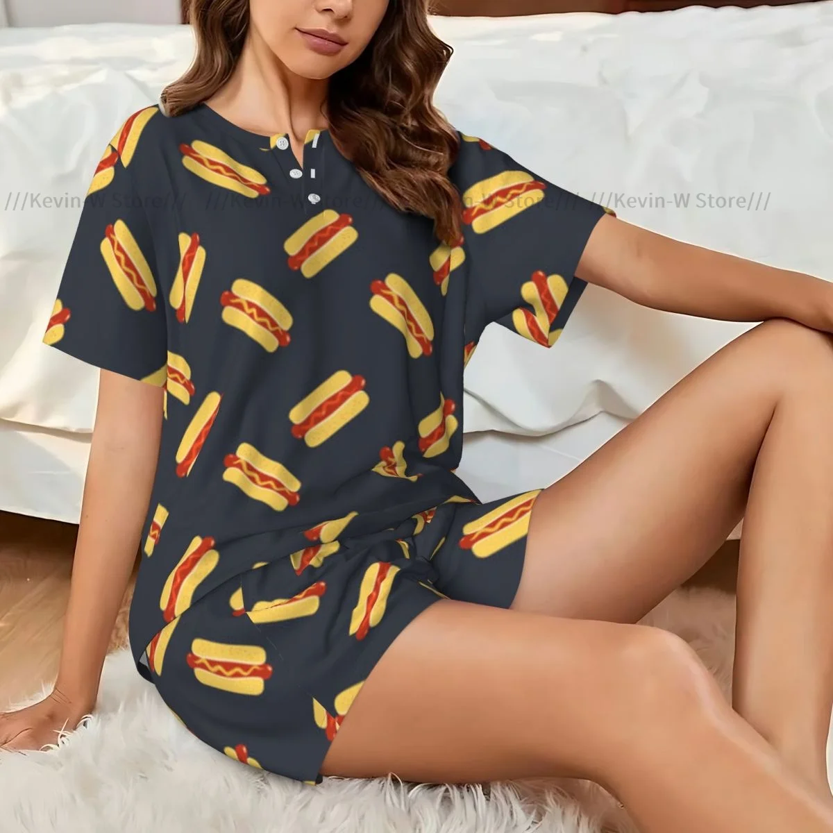 

Two piece women's pajama round neck short sleeved T-shirt Hot Dog Pattern casual home pajama set