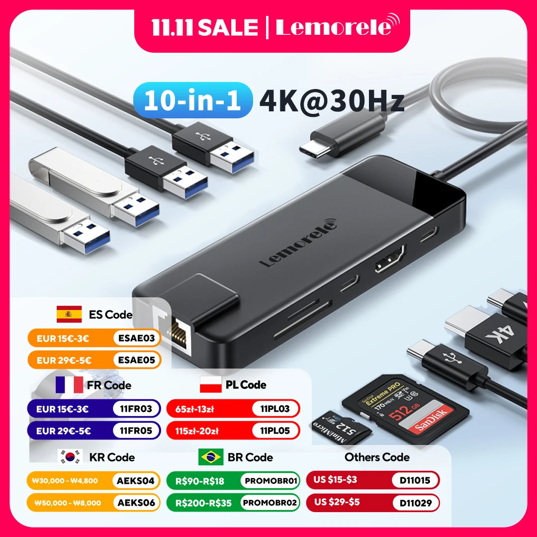 

Lemorele TC93 USB C 3.0 Hub Type-C to 4K HDMI Type C быстрое зарядное устройство 5 Гбит/с док-станция для переноса Windows MacOS Laptop Dell