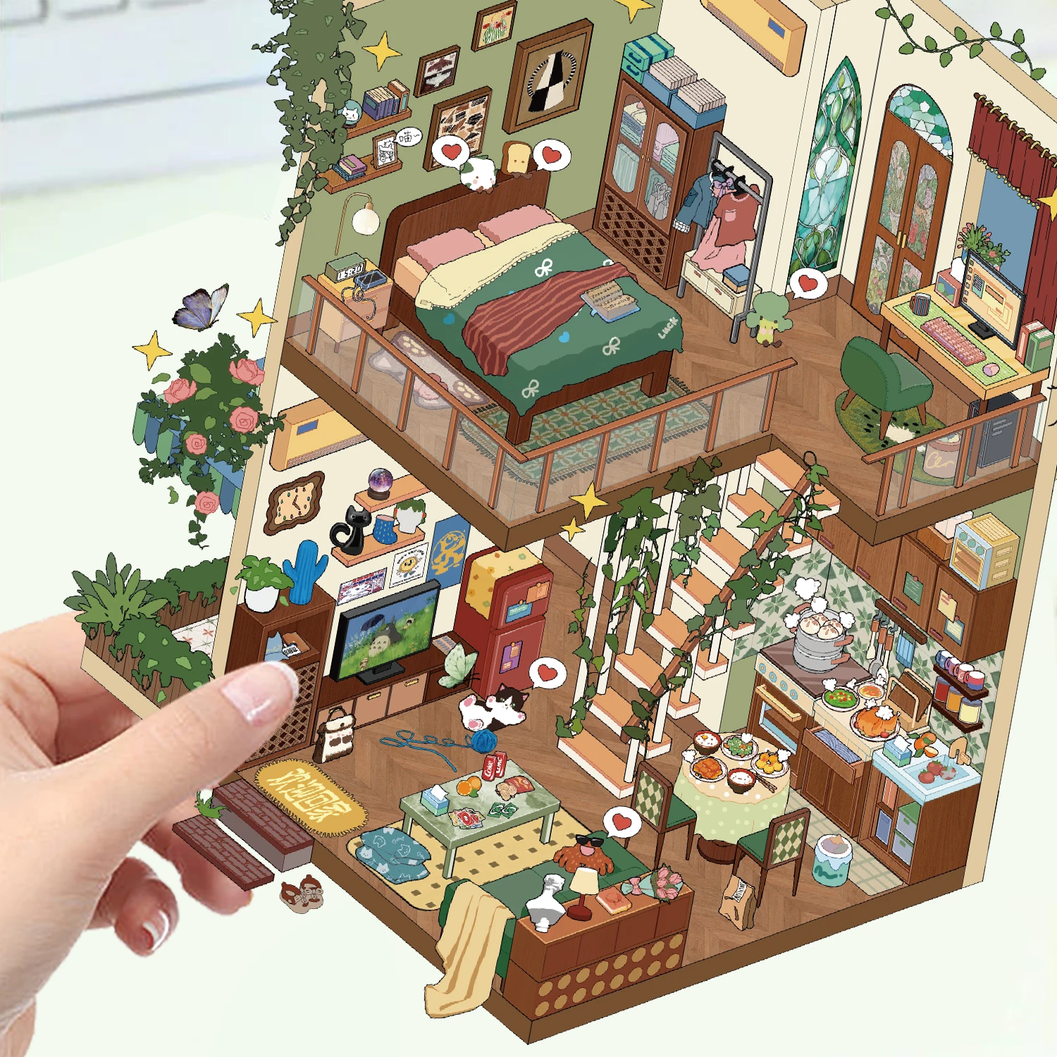 3/4 個猫、サメ、森の小屋、トウモロコシの家、明王朝、古代の城、グルメタウン、花嫁の造園 DIY シーンステッカー