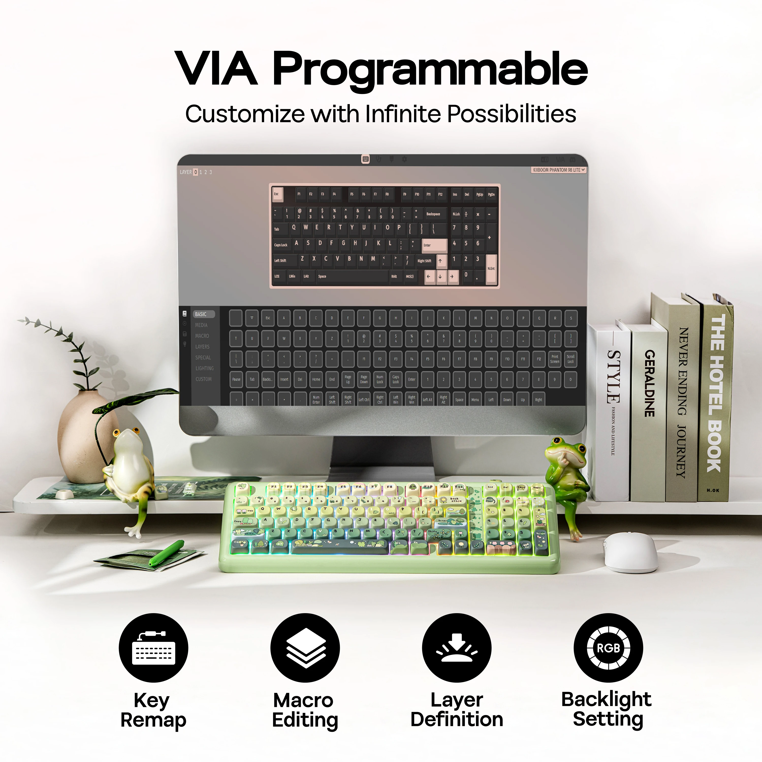 KiiBOOM Phantom98 Lite 96% ANSI US Layout Klawiatura mechaniczna z możliwością wymiany podczas pracy (Hot-Swap), przewodowa/Bluetooth/bezprzewodowa 2.4GHz, podświetlenie RGB, kompatybilna z Win/Mac — zdjęcie produktu 4