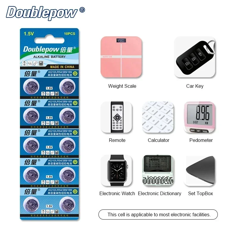 Batería de botón Doublepow LR1130 AG10 LR54 389 189 pila de moneda alcalina 1,5 V para calculadora termómetro baterías de reloj Digital