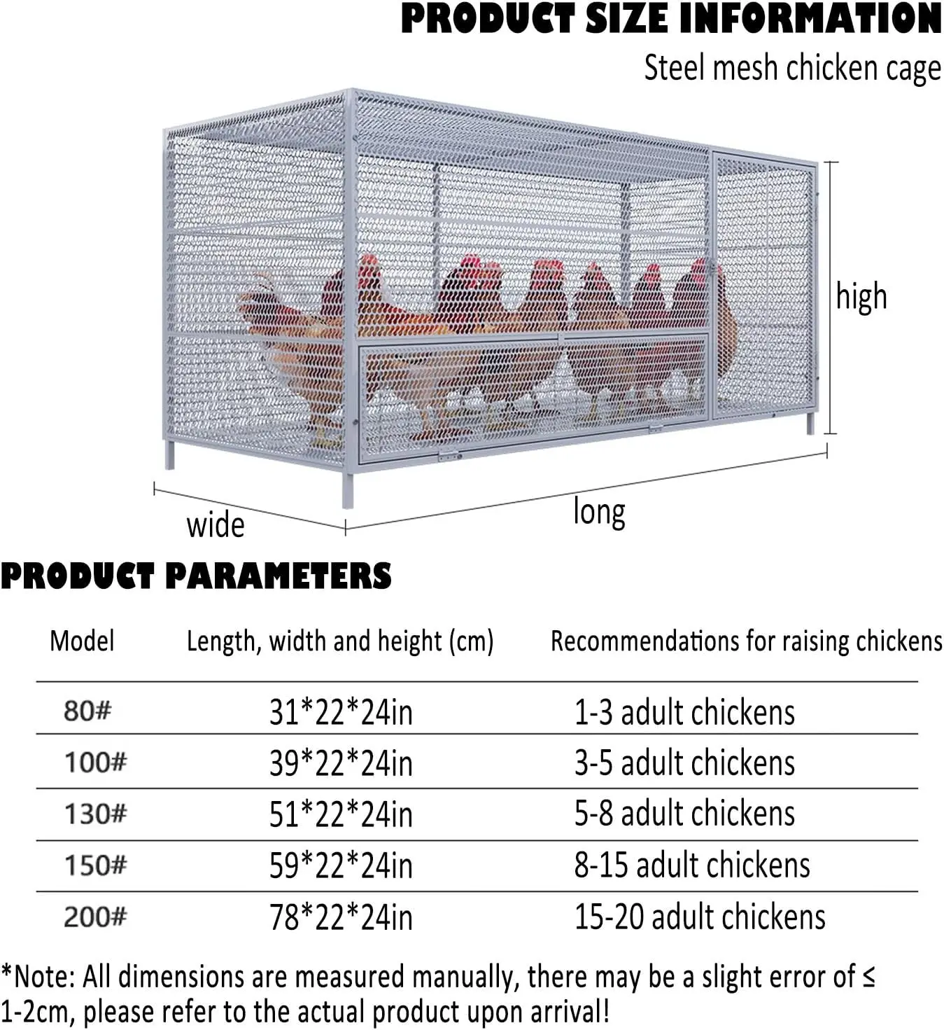 Heavy-Duty Predator-Proof Chicken Coop - Large Outdoor Poultry Run for Chickens & Geese, Reinforced Steel Wire Mesh, 31x22x24in,