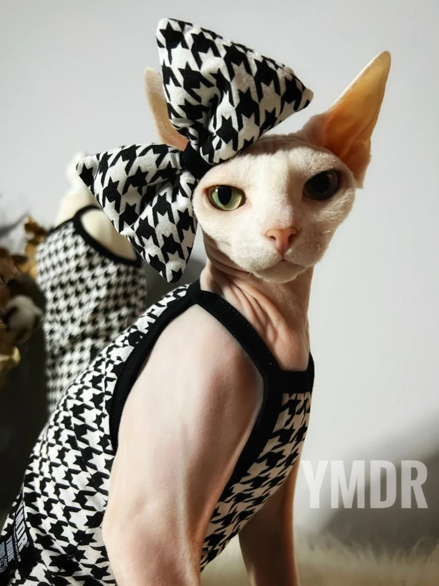 Summer Cotton Vest Hat Suit for Sphynx Cat Cooling Fashion Black Plaid Coat with Bowknot for Kittens Spring for Devon Rex