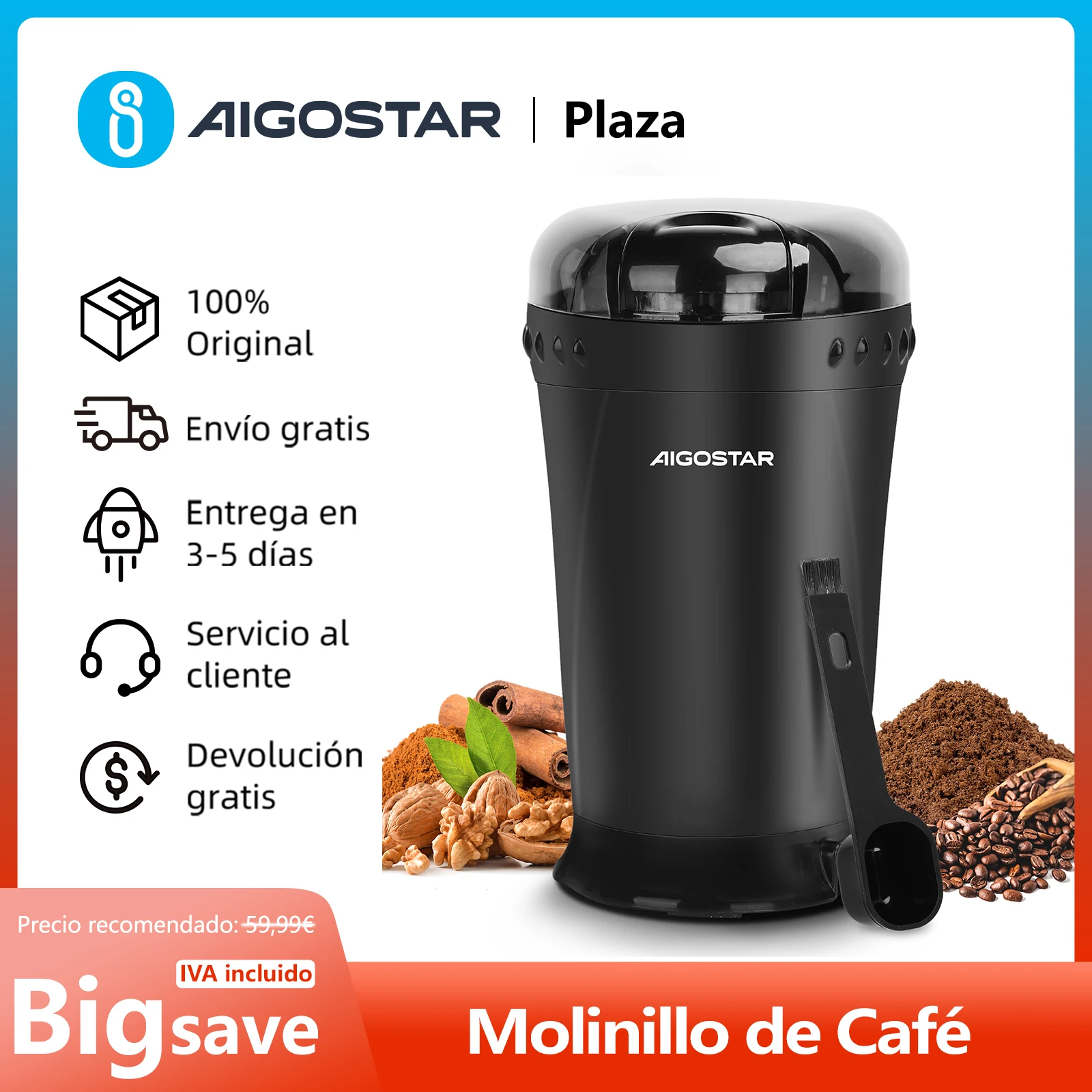 Molinillo de Café Eléctrico, Cuchilla de Acero Inoxidable, Capacidad 60 g, con Cepillo de Limpieza, Libre de BPA, 200 W