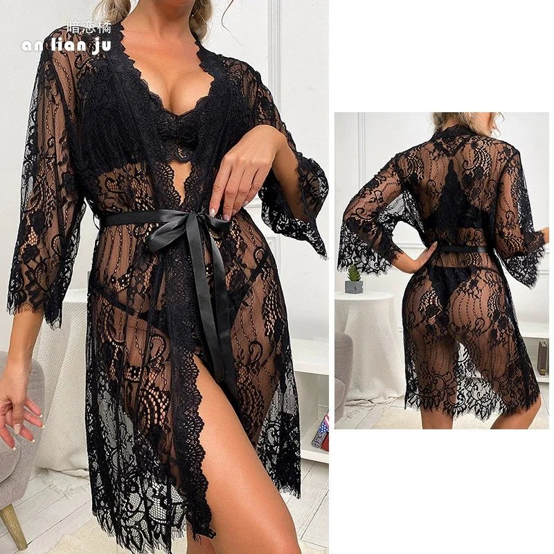 

Sexy Perspective Lace Robe Intimate Lingerie Female Sleepwear Home Clothes Black Robe Nightgown Loungewear