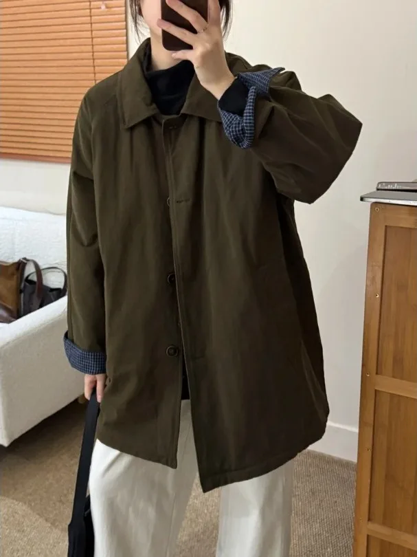 Ladies Cotton Jaet Windbreaker Mid-Length Thiened Retro Sle Commute Friendly Pure Color Autumn Winter New Arrival