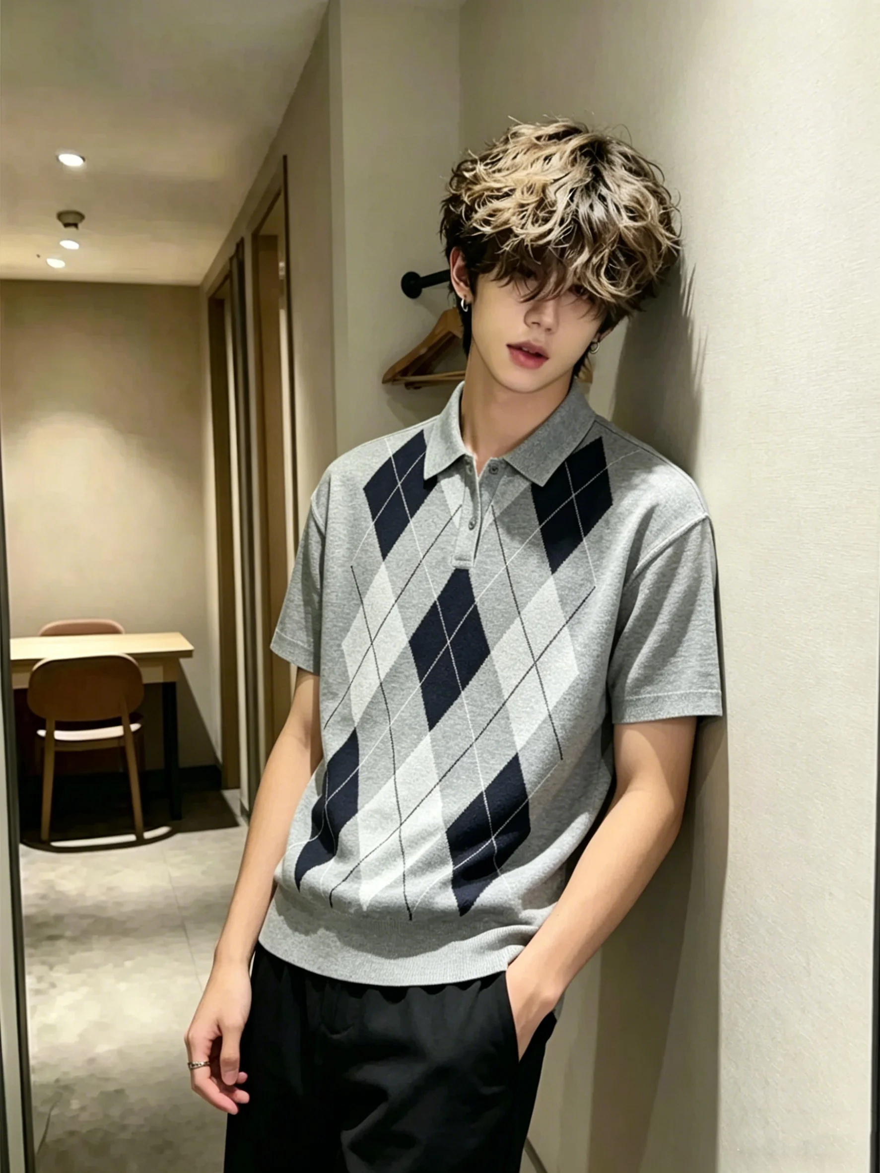 Cool Men's Knitted  Shirt Summer Short Sleeve Diamond Pattern Regular Fit Casual T-Shirt CleanFit Style Shoulder Flip Collar