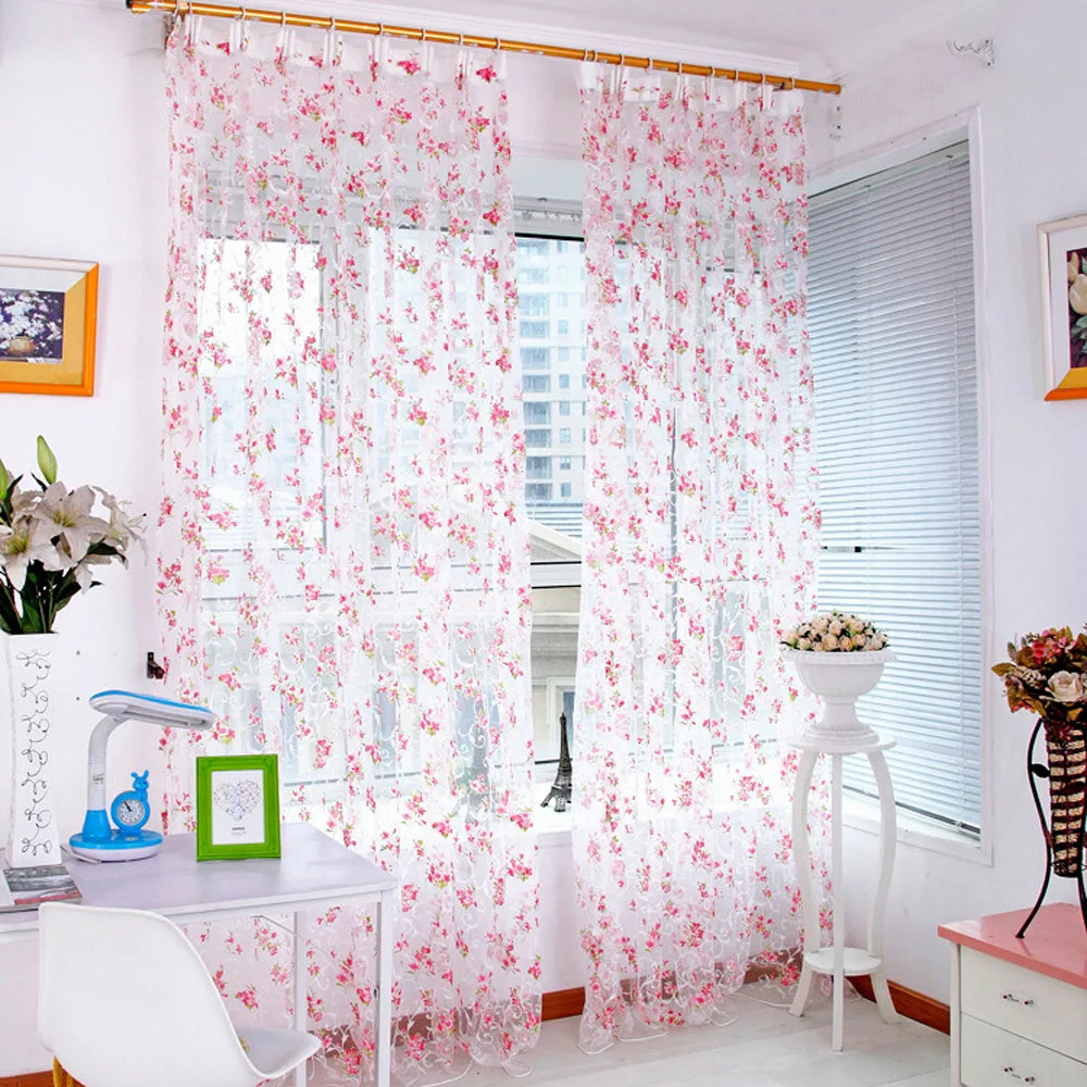 100 X 200cm Anemone Flower Sheer Curtain For Bedroom Kitchen Living Room Floral Design Tulle Window Window Screening Yarn