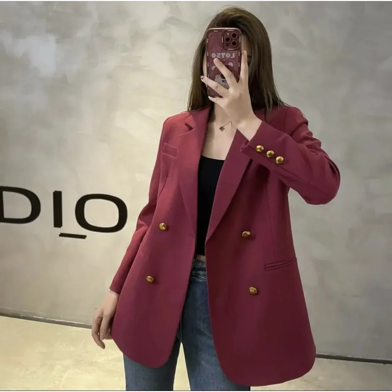 UNXX Spring Autumn 2024 New French Style Raspberry Color Retro Double-breasted Suit Jacket Design Sense Office Lady Blazer Women