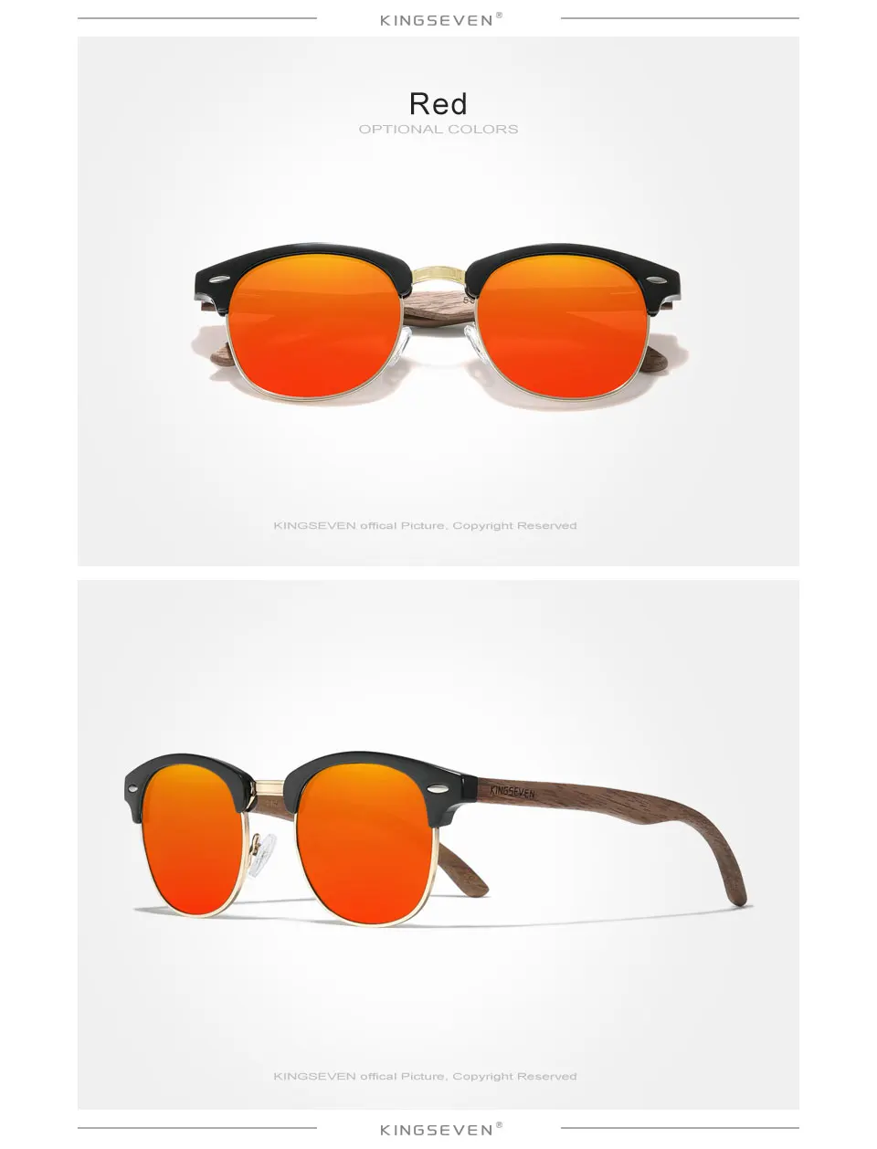 KINGSEVEN Qualität Upgrade Handgemachte Walnuss Holz Sonnenbrille Männer Polarisierte Halbrand UV400 Schutz Retro Brillen Frauen – Detail 6