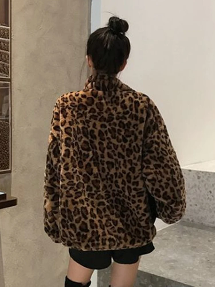 Leopard Fur Jacket Women Winter Warm Stand Collar Zipper Plush Coats Female Vintage Korean Fashion Casual Loose Fluffy Outerwear