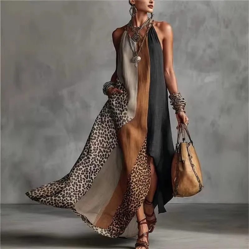 Sommerkleid für Damen, Patchwork, Tierdruck, Boho-Partykleid, Neckholder, Schlitz am Saum, Maxi, ärmellos, Urlaubskleider für Frauen, Robe Femal
