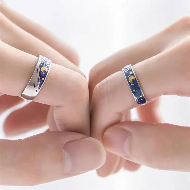1/2pcs Romantic Van Gogh Starry Sky Rings Lover Couple Personality Openning Finger Ring Men Women Night Star Moon Jewelry Gifts