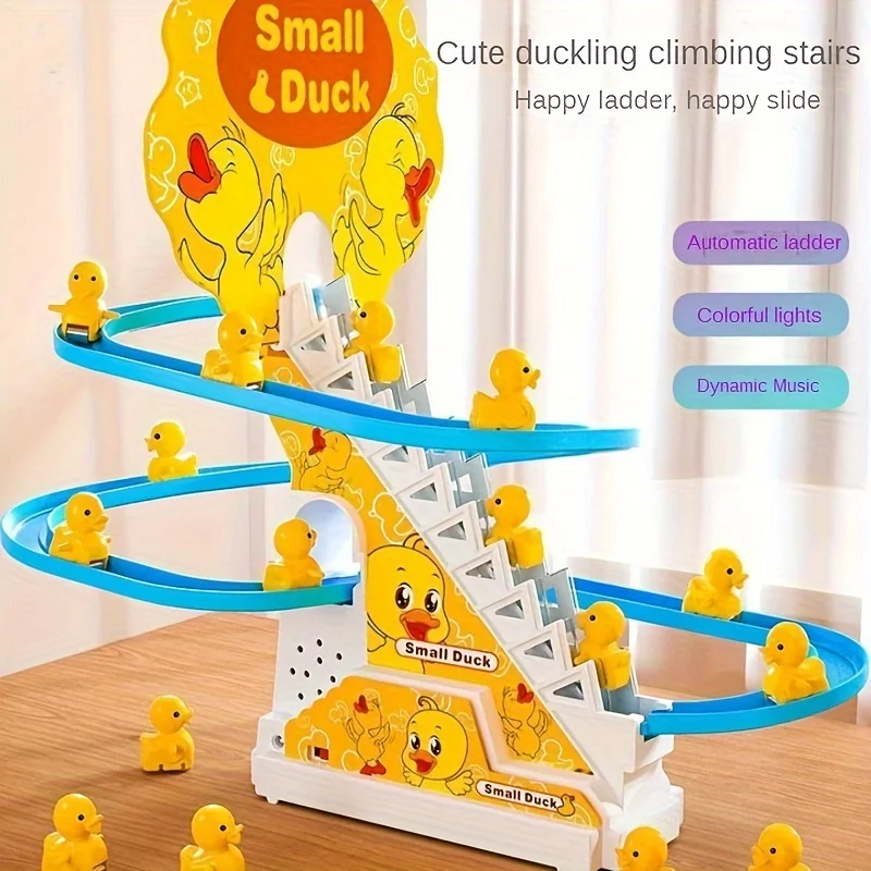 6pcs Ducklings Climbing Stairs Toy, Electric Slide Yellow Duck Toy, Toys For Boys And Girls, Holiday Gift, Light And Music gift