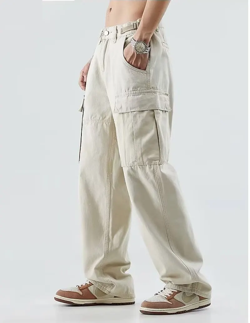 Autumn beige and white overalls new loose straight trousers men casual daily apricot tide