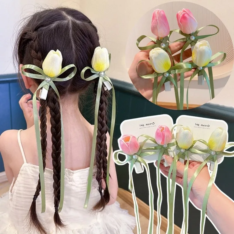 

Tulip Bow Hair Clip Headband for Women Green Ribbon Tassel Hair Accessories Cute Girl Sweet Flower Edge Bangs Clip Side Hairpin