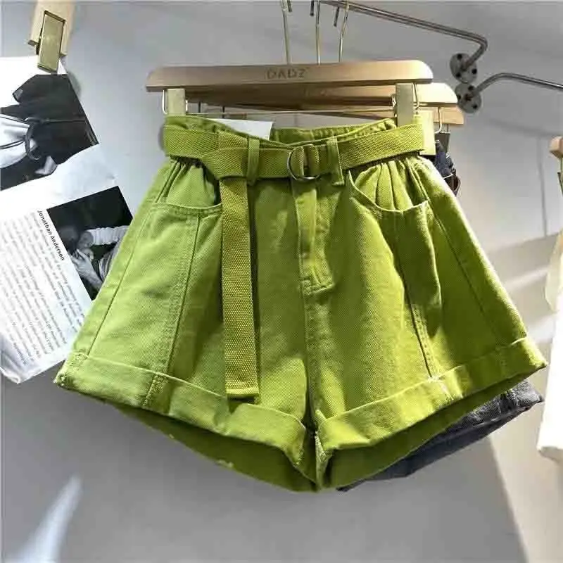 ผลไม้สีเขียวไขมัน MM กางเกงยีนส์สบายๆ 2025 ฤดูร้อนใหม่เอวสูงม้วนขอบกางเกงขาสั้นขากว้างทั้งหมดตรงกับกางเกงสกินนี่ร้อน