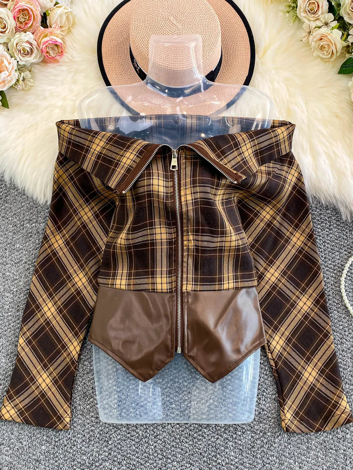 Slimming PU Leather Plaid Collar Zipper Fem Jaet Street Sle Faionable Outerwear Long Sve Regular Fit Young Women