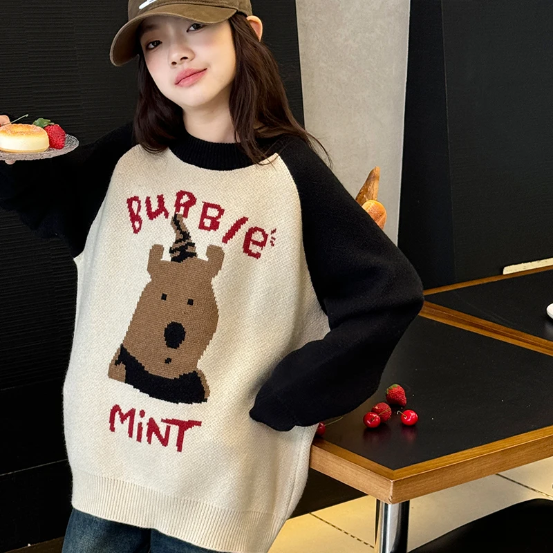 

Вязаный свитер для девочек, осень/зима, теплое поступление 2025, детский пушистый вязаный зимний топ с цветными блоками и рукавами реглан