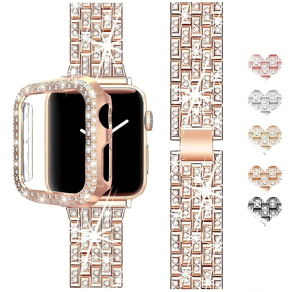 Strap For Apple Watch Band 45mm 41mm 40mm 44mm 42mm Glitter Metal Bracelet Diamond Protective Case iWatch Series 9 8 7 6 5 4 SE