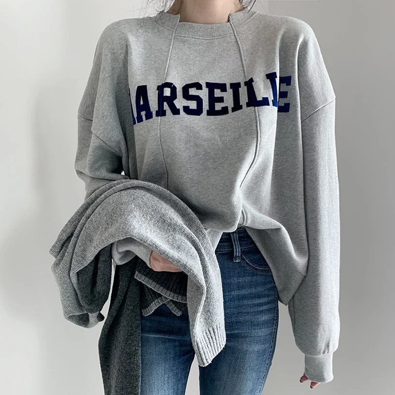 Women Korean Kawaii Patchwork Chic Short Sweatshirts Tops Casual Loose Vintage Letter Print Round Neck Pullover Female Ulzzang