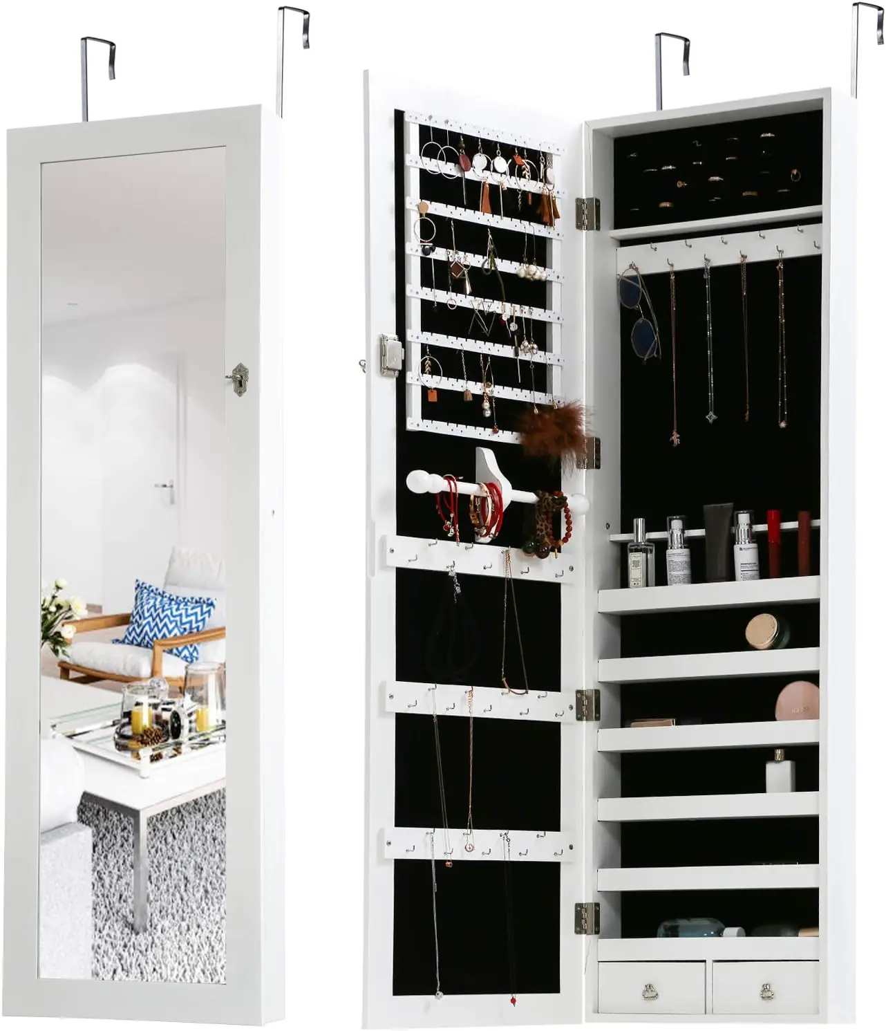 

Cabinet Wall/Door Mounted Lockable Jewelry Armoire Organizer with Mirror With 2 Drawers 6 Shelves Capacity Jewelry Organizer