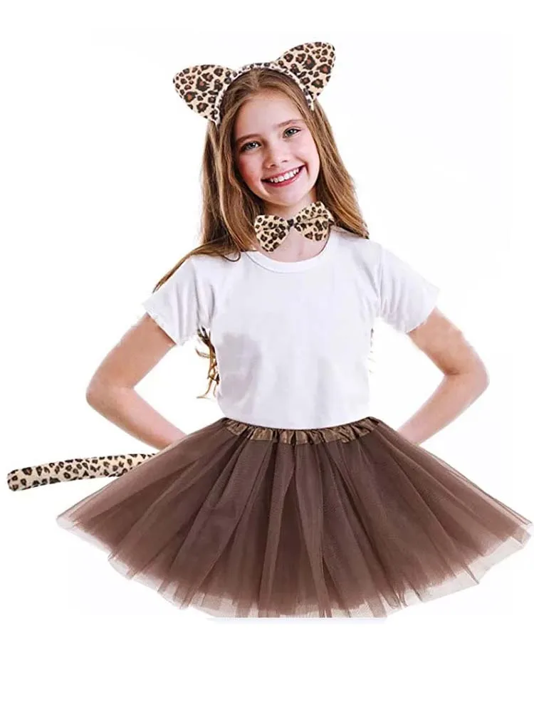 4 sztuki kot dla dziewczynek dla dzieci kobiety gepard uszy opaska ogony łuk ogon lampart zwierzęta zestaw kostium na Halloween Cosplay — zdjęcie 2