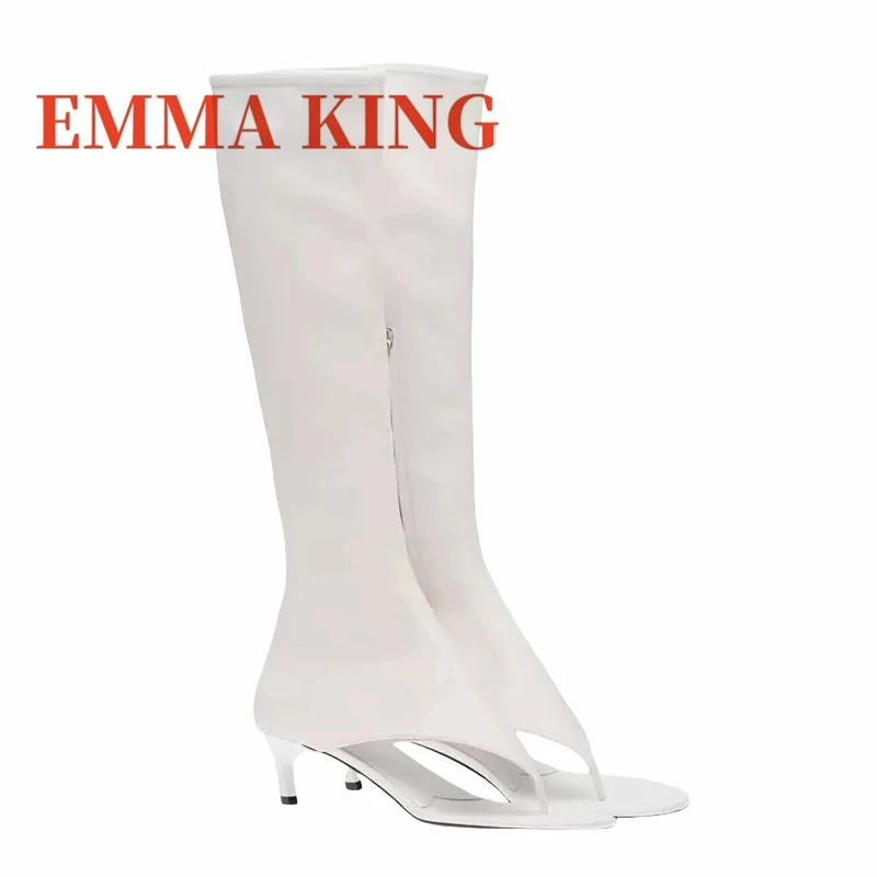 النساء هريرة كعب ثونغ الأحذية الإناث المفتوحة تو تمتد تصميم حذاء برقبة للركبة الربيع الصيف موضة المدرج الأحذية بوتاس دي Mujer