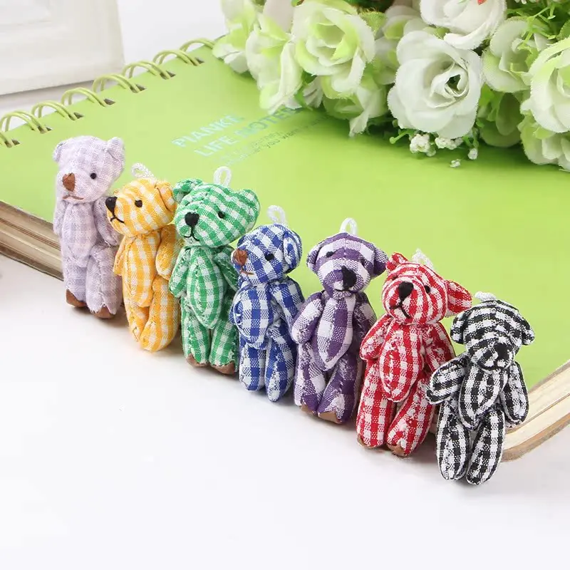 10pcs Mini Joint Bears Plush Toy 4.5cm/3.5cm Cute Floral Plaid Bear Stuffed Plush Doll Girl DIY Keychain Bag Pendant Accessories