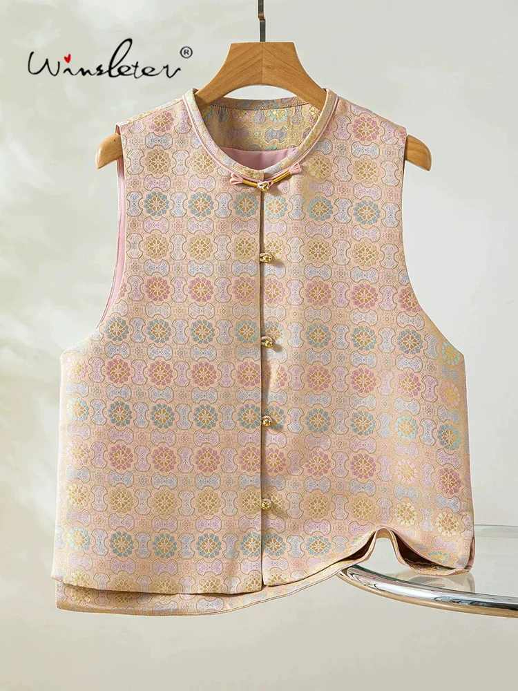 Winsleter-100%Real Silk Song Brocade Elegant Vest Coat, O Neck Geometry, Women Temperament Waistcoat, 2026 Autumn New C69634CC