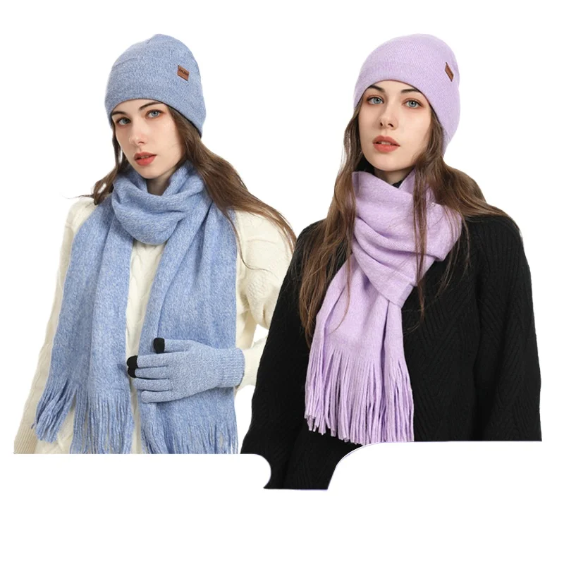 New Set European and American Style Autumn Winter Fleece Knitted Hat Scarf Gloves Unisex Warm Wool Three-Piece Set