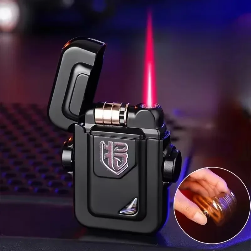 Creative Mecha Gyro Windproof Red Flame Lighter, Metal Body with Natural Shell Ornament,Roller Battery Ignition Electric Lighter
