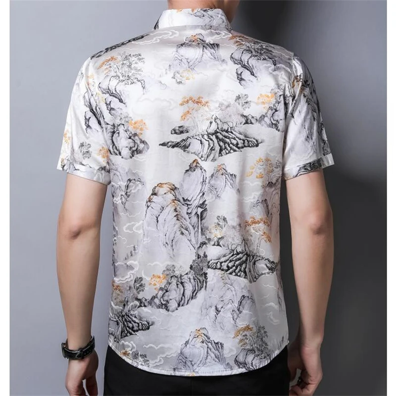 Landscape Print Shirts For Men Short Sleeve Mulberry Silk Casual Summer Icy Quality Soft Comfortable Easy Care Camisas De Hombre