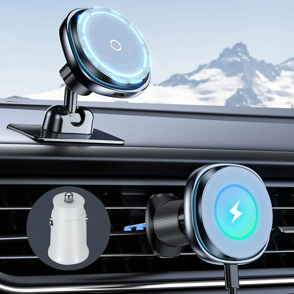 

15W Fast Magnetic Car Phone Mount - 2-in-1 Dashboard/Air Vent Mount with 360° Rotation & Secure Double Hook Clip, Includes Q