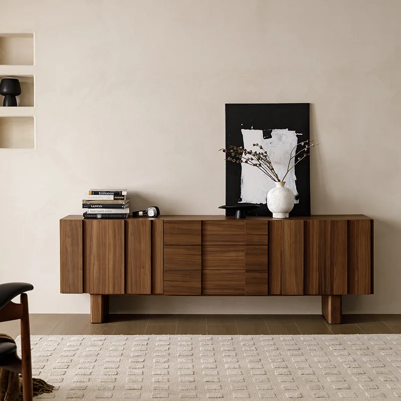 Medieval solid wood veneer TV cabinet retro walnut color simple living room high floor cabinet