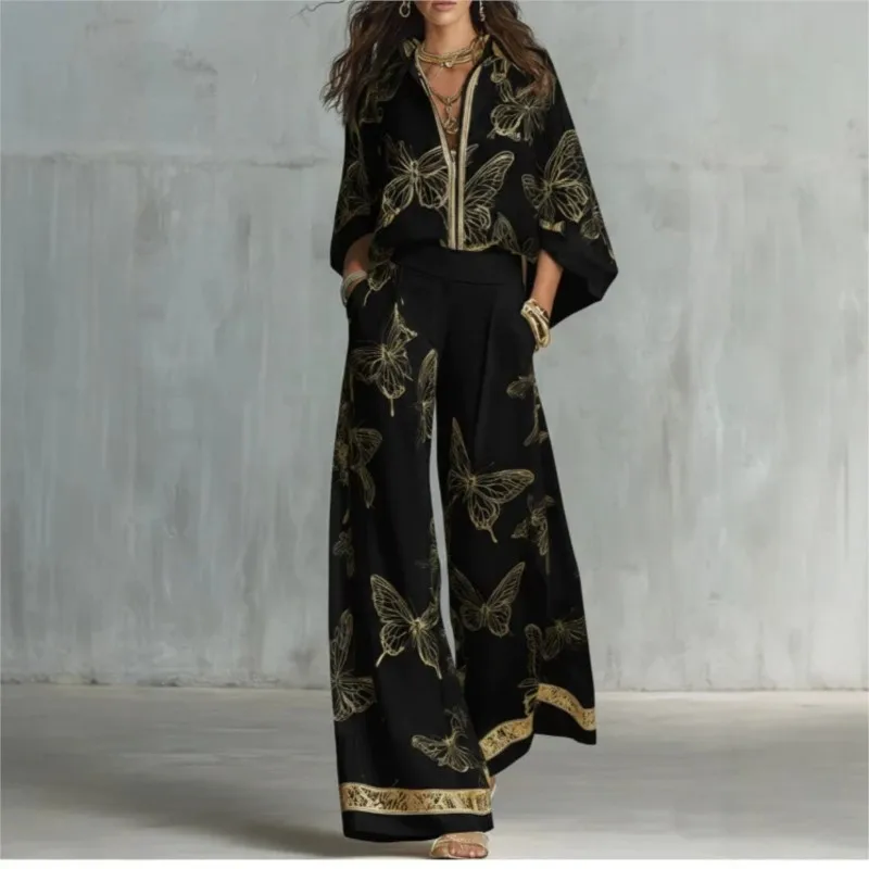 Retro-Muster Bedrucktes 2-Teiliges Set für Damen Umlegekragen Knopf-Hemden Elegantes Outfit Frühling Herbst Weite Hosen Anzug