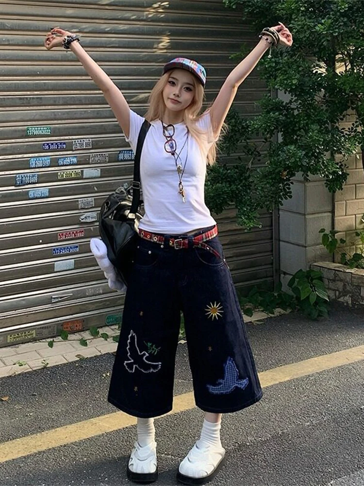 

American Deep Blue Embroidered Men's Summer Faionable Wide Leg Loose Straight Cut Jeans ort Pants Casual Loose Seven-Five