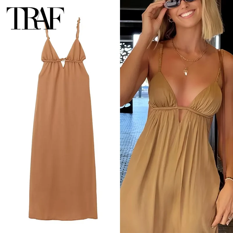 TRAF Long Dresses 2024 Summer Women\'s Sexy Elegant Party Beach Midi Slip Dress Ladies Fashion Casual Backless Khaki Dresses